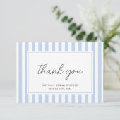 Carte De Remerciements Chic Bridal Shower Modern Script Blue Stripes (Debout devant)