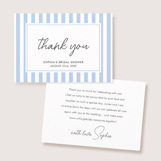 Carte De Remerciements Chic Bridal Shower Modern Script Blue Stripes