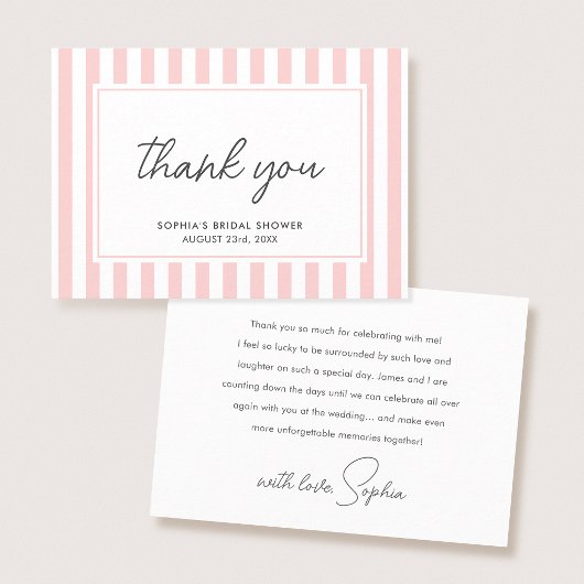 Carte De Remerciements Chic Bridal Shower Modern Script Pink Stripes