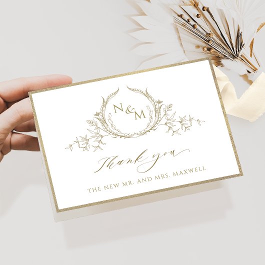 Carte De Remerciements Chic Champagne Monogram, Gold Frame Wedding