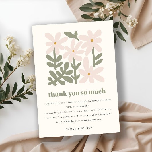 Carte De Remerciements Chic Dusky Blush Rétro Mariage Floral Minimal