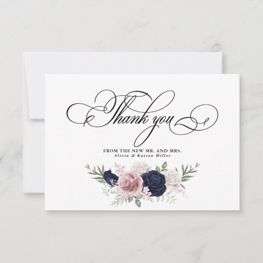 Carte De Remerciements Chic Elegant Blush Mariage bleu marine (Devant)
