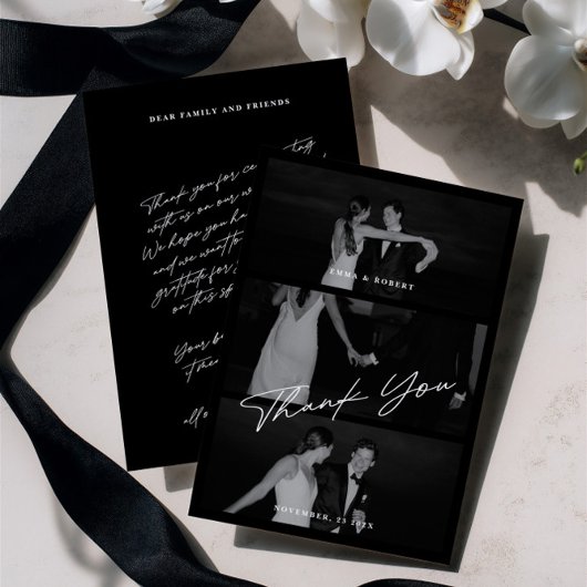 Carte De Remerciements Chic Elegant Script Black 3 Mariage photo
