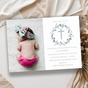 Carte De Remerciements Chic Floral Laurel Wreath Dusky Blue Grey Baptême