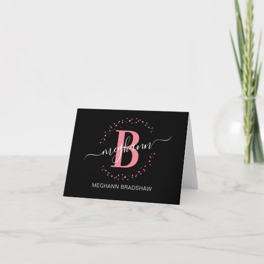 Carte De Remerciements Chic Girly moderne noir rose Nom Script Monogramme (Devant)
