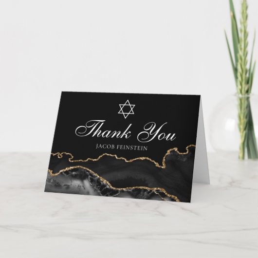 Carte De Remerciements Chic Juif Bar Mitzvah Black Gold Star de David (Devant)