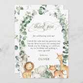 Carte De Remerciements Chic Jungle Animaux Végétation 1er Anniversaire Fê (Devant / Derrière)