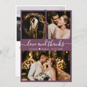 Carte De Remerciements Chic Mauve Élégant Script 3 Photo Collage Mariage (Devant / Derrière)