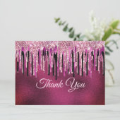 Carte De Remerciements Chic rose chaud parties scintillant à gouttes noir (Debout devant)