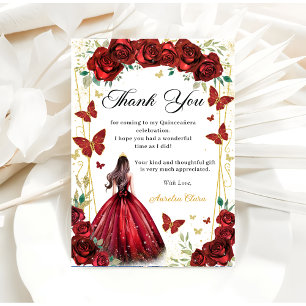 Carte De Remerciements Chic Roses Rouges Papillons Floraux Quinceañera