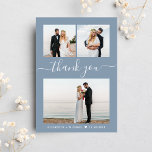 Carte De Remerciements Chic Script Photo Collage Dusty Blue Mariage<br><div class="desc">Elégant carte de remerciements bleu poussiéreux avec "merci" dans un script blanc chic avec des swashes, un collage de 3 photos de votre mariage et vos prénoms et votre date de mariage unis avec un coeur. Au verso, personnalisez votre message de remerciement dans une simple typographie blanche et ajoutez vos...</div>