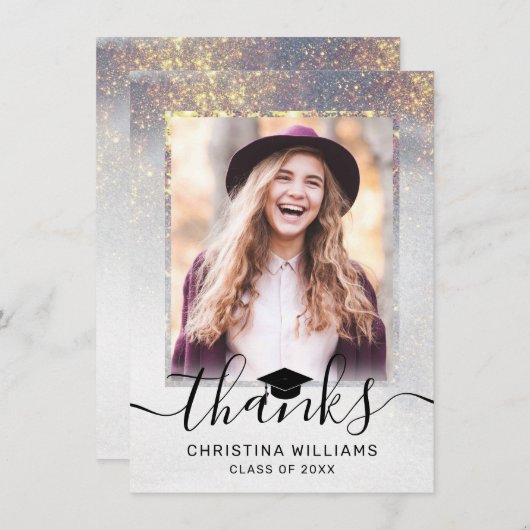 Carte De Remerciements Chic Silver Gold Sparkles 2 Diplôme Photo (Devant / Derrière)