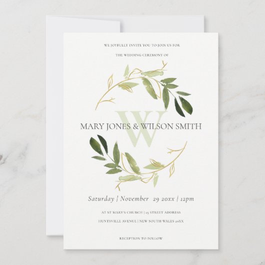 CARTE DE REMERCIEMENTS CHIC VERT FAUX GOLD FOLIAGE WREATING MARIAGE INVIT (Devant)