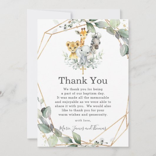 Carte De Remerciements Chic Vert Jungle Animaux Baptême Christening (Devant)