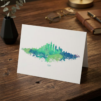 Carte De Remerciements Chicago Skyline Watercolor Blue Green City Art