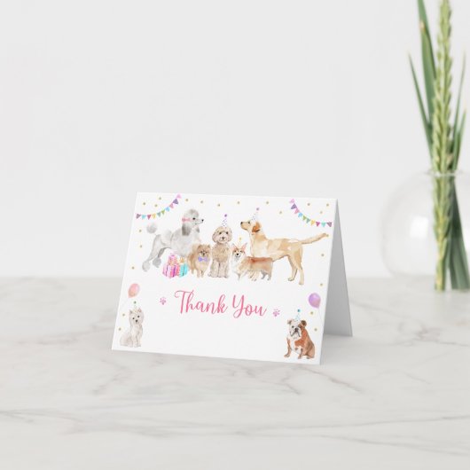 Carte De Remerciements Chien Chien rose Fille Paw-ty Anniversaire (Devant)