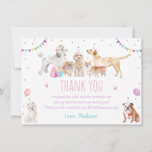 Carte De Remerciements Chien Chien rose Fille Paw-ty Anniversaire (Devant)