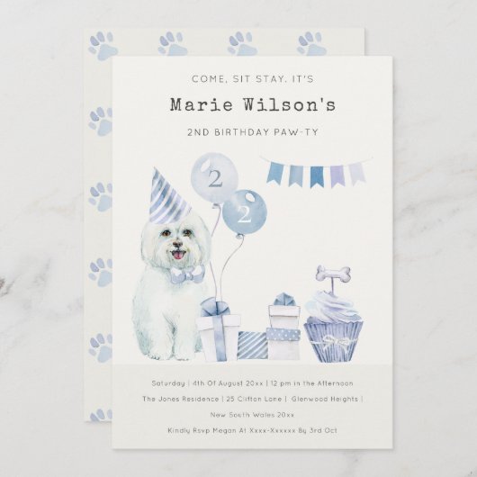 Carte De Remerciements Chien chiot bleu mignon Quel âge Anniversaire Invi (Devant / Derrière)