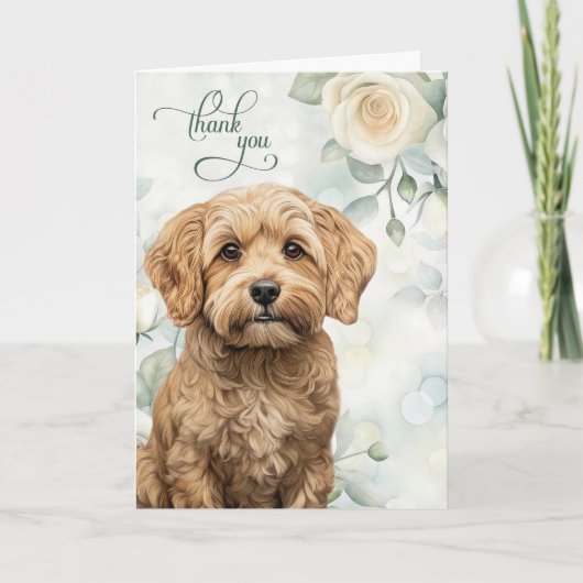 Carte De Remerciements Chien Cockapoo avec des roses blanches et du vert (Devant)