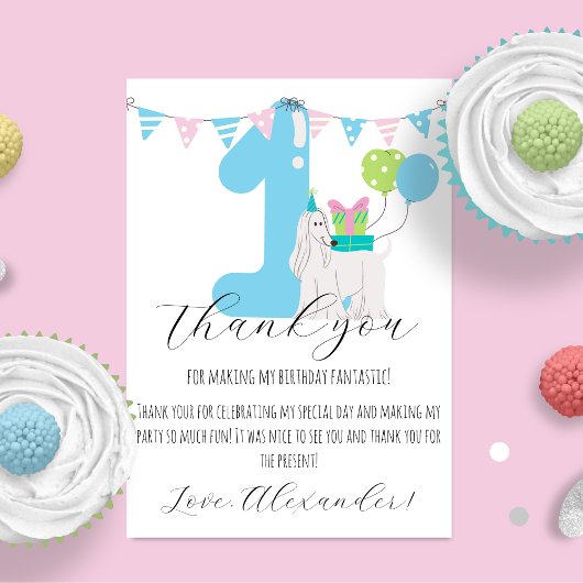 Carte De Remerciements Chien mignon à côté du numéro bleu un Premier anni