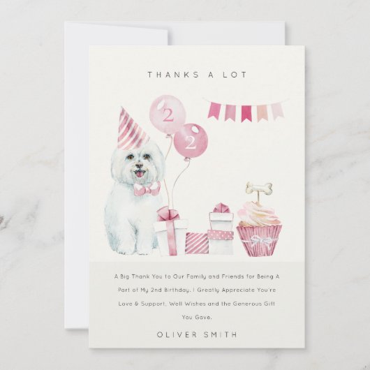 Carte De Remerciements Chien rose mignon Quel âge Anniversaire Fête de Ph (Devant)