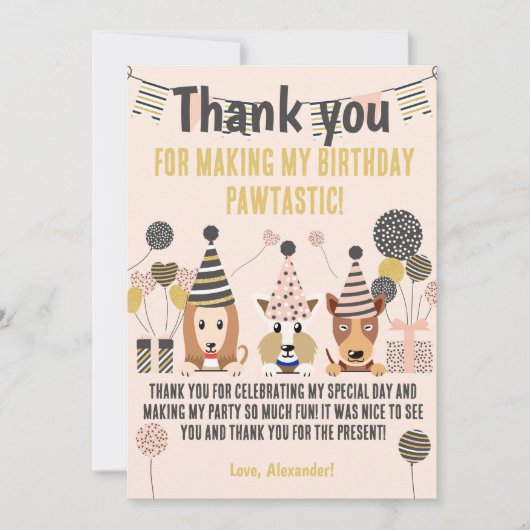 Carte De Remerciements Chiens mignons avec chapeaux de fête ballons Anniv (Devant)