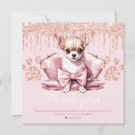 Carte De Remerciements Chihuahua Chien avec Parties scintillant fête d'an (Devant)