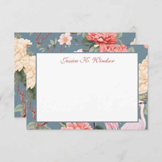 Carte De Remerciements Chinoiserie Floral Jade Egret Personnalisé (Devant / Derrière)