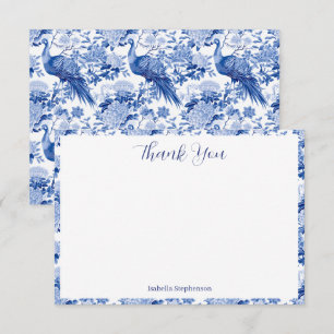 Carte De Remerciements Chinoiserie Florale Oiseaux Paon Bleu Blanc