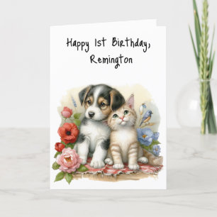 Carte De Remerciements Chiot et chaton Baby First Birthday Greeting Card