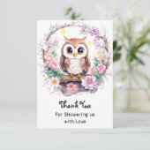 Carte De Remerciements Chouette rose Aventure bébé fille douche (Debout devant)