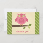 Carte De Remerciements Chouette rose moderne rustique sur branche d'arbre (Devant)