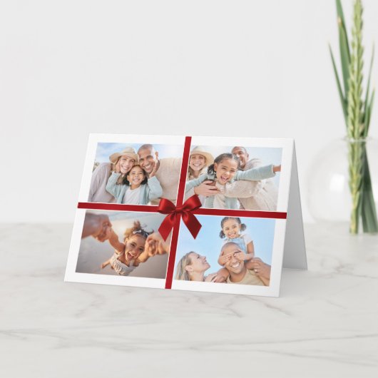 Carte De Remerciements CHRISTMAS MULTI PHOTO modern gift red ribbon bow (Devant)