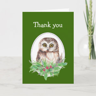 Carte De Remerciements Christmas Thank you Cute Owl Bird Holly