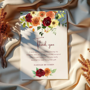 Carte De Remerciements Chute élégante Anniversaire floral d'automne