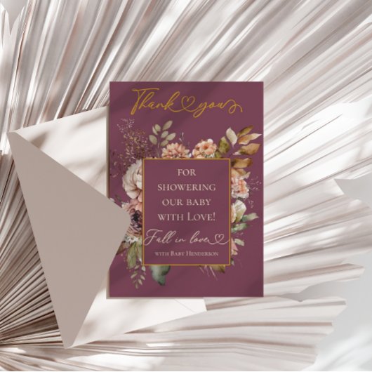 Carte De Remerciements Chute En Amour Bourgogne Floral Élégant Baby showe