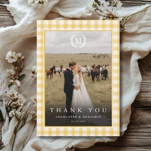 Carte De Remerciements Cimier de monogramme à carreaux jaunes 2 Photo