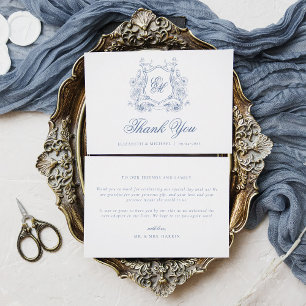 Carte De Remerciements Cimier Floral Bleu Monogramme Mariage élégant