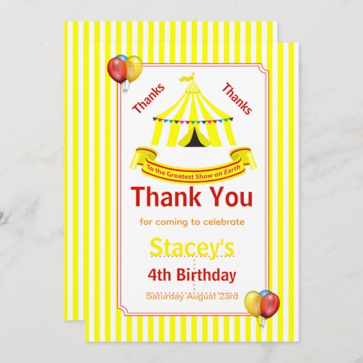 Carte De Remerciements Cirque Anniversaire Fête Jaune (Devant / Derrière)