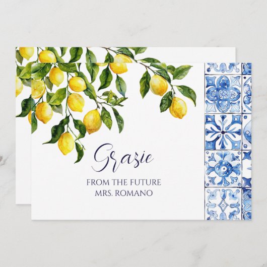 Carte De Remerciements Citron Citrus Positano Carreaux Bleus Fête des mar (Devant / Derrière)