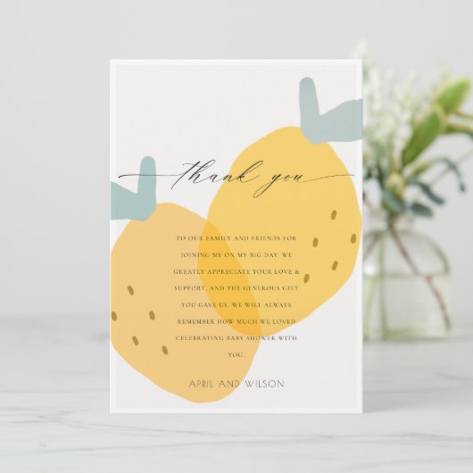 Carte De Remerciements Citron jaune mignon Fruit Citrus Baby shower clair (Debout devant)