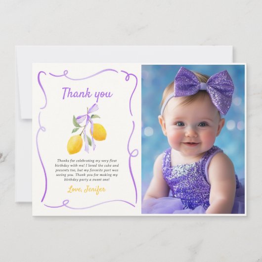 Carte De Remerciements Citron mauve Bow photo de la première fête d'anniv (Devant)
