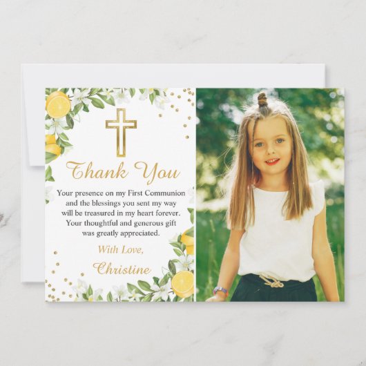 Carte De Remerciements Citron vert Croix d'or Première communion Photo (Devant)