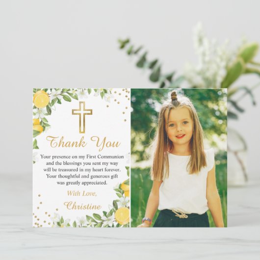 Carte De Remerciements Citron vert Croix d'or Première communion Photo (Debout devant)