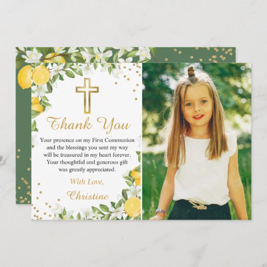 Carte De Remerciements Citron vert Croix d'or Première communion Photo (Devant / Derrière)