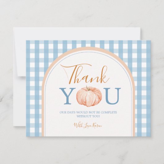 Carte De Remerciements Citrouille Boho Blue En vichy 1er anniversaire (Devant)