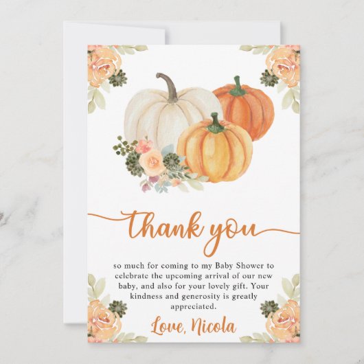 Carte De Remerciements Citrouille de chute d'aquarelle et Baby shower de  (Devant)