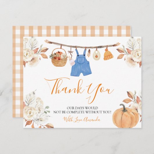Carte De Remerciements Citrouille Vêtements d'automne Baby shower d'autom (Devant / Derrière)