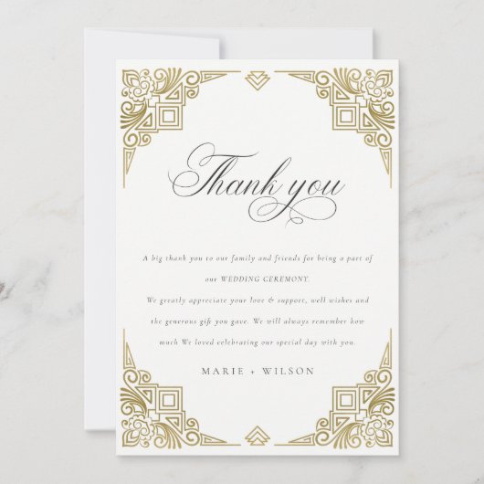 Carte De Remerciements Classé Elegant Glam Gold Art Déco Mariage (Devant)