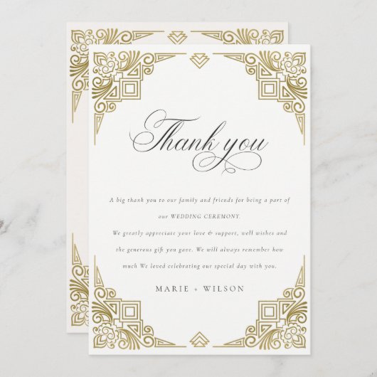 Carte De Remerciements Classé Elegant Glam Gold Art Déco Mariage (Devant / Derrière)
